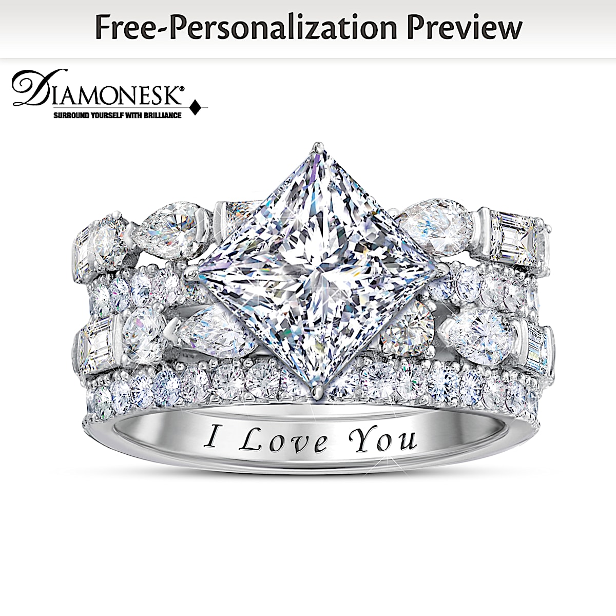 Facets Of Love Platinum Plated Stacking Ring Set Featuring 4 Bands With